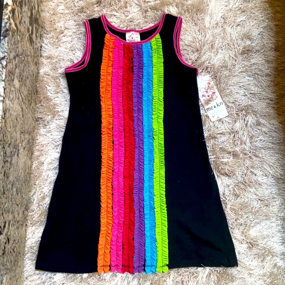 NWT Me & Ko rainbow ruffle dress black pink L 14